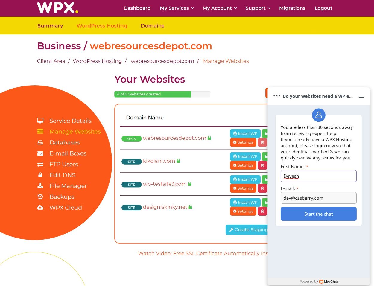 WPX hosting live chat support